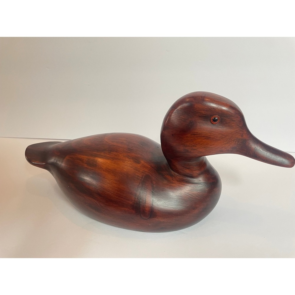 Vintage Hand Carved Wooden Duck‎ Decoy Figurine Brown Glass Eyes 14"